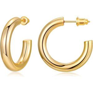 Chunky Gold Hoop Earrings for Women 14K Real Gold Plated, 925 Sterling Silver